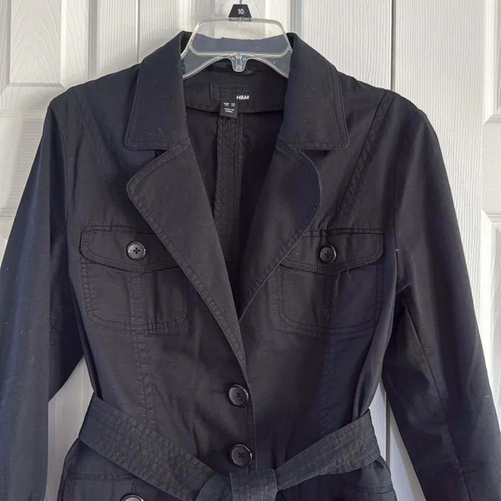 H&M Women's Rich Black Cotton-Blend Belted Waist Utility-Style Jacket - Size 14 - Picture 3 of 11